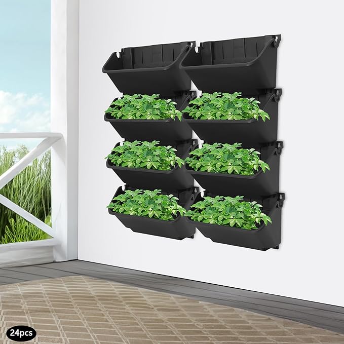 Eapmic Vertical Wall Planter with 24 Pots, Hanging Garden Plant Flowerpot Holder, Stackable Wall-Mounted Planter, Balcony Planters for Flowers Vegetables Fruits (Black, 24 Pots)