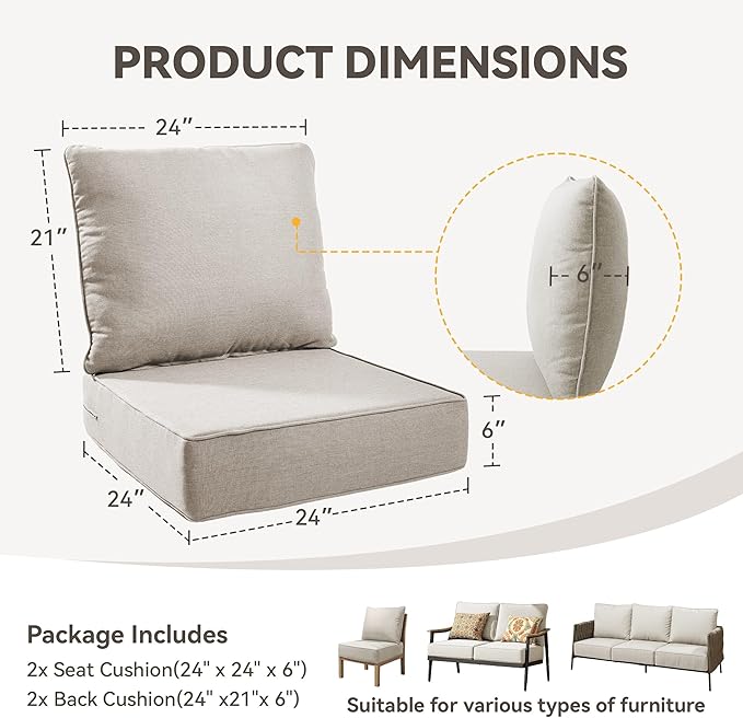Outdoor Cushion Set for Furniture Patio Furniture, UV Resistant, Water Resistant - 6 Inch Thick Foam Garden Cushions– 24x24 Inch Patio Seat Covers for Chair/Sofa/Couch | Beige | 2-Pack |