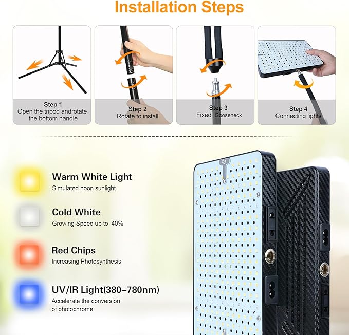 2026 2Head Grow Light with Upgrade Stand, Big Coverage Grow Lights for Indoor Large Plant, Bonsai Tree, 4/8/12/16/20H Timer, 50 Watt Power Draw, NO Need Adapter, 24"-76" Height Adjustable
