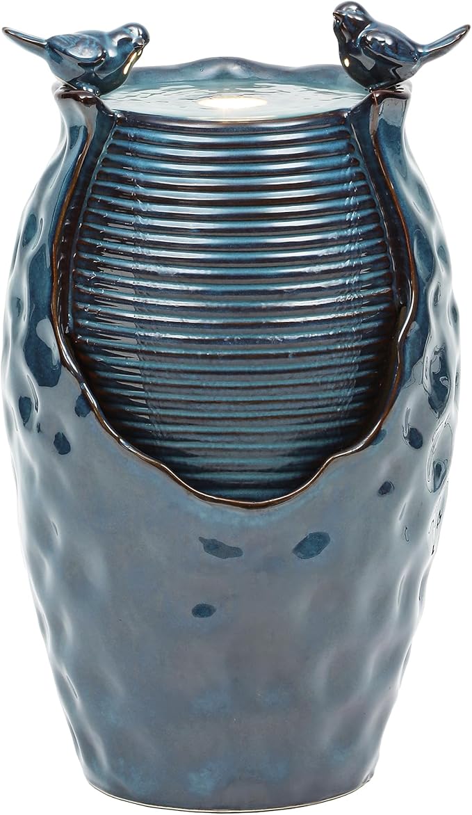 24.8" Ceramic Jar Outdoor Fountain, Honeycomb Pot Water Feature with LED Lights, Soothing Trickling Waterfall for Garden, Patio, Yard, Balcony or Porch Oasis, Turquoise Glaze, KD Vivid Birds