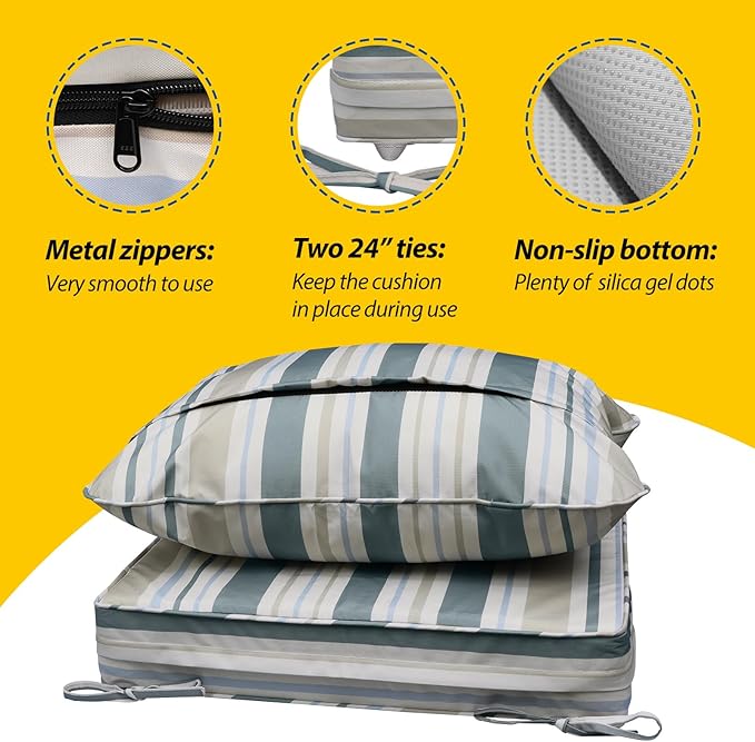 AAAAAcessories Outdoor Seat Cushions for Chairs, Fade-Resistant, Waterproof Patio Furniture Replacement Cushions, 23.5" x 25.5" x 5" + 23.5" x 19", Set of 4, Slate Gray Blue Coastal Stripe