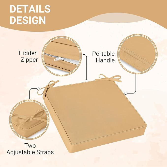 downluxe Waterproof Outdoor Chair Cushions Set of 2, 19" x 19" x 3" Patio Chair Cushion with Non-Slip Ties & Handle, Square Outdoor Cushion for Patio Furniture with Removable Cover, Khaki