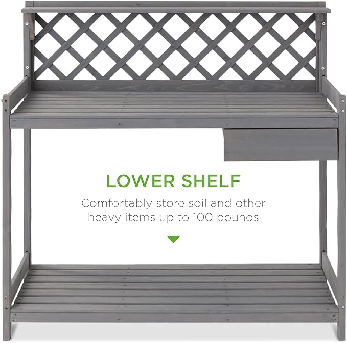 Best Choice Products Outdoor Garden Potting Bench, Wooden Workstation Table w/Cabinet Drawer, Open Shelf, Lower Storage, Lattice Back - Gray