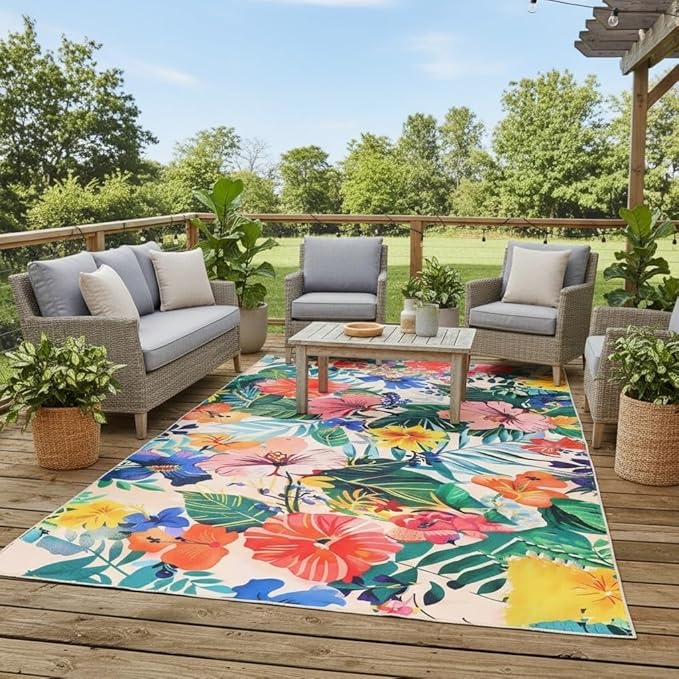 Tropical Boho Plants Flowers Print Outdoor Rug for Deck Patio Balcony Garden Waterproof Pink Blue Green Multi Botanical Floral Outside Carpet Large Thin Washable Foldable Camping Backyard Rugs 6x8