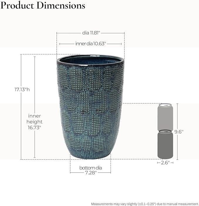 LuxenHome 17-Inch Tall Round Ceramic Planter, Large Indoor Outdoor Plant Pots with Drainage Hole and Rubber Plug, Modern Green-Blue Glazed
