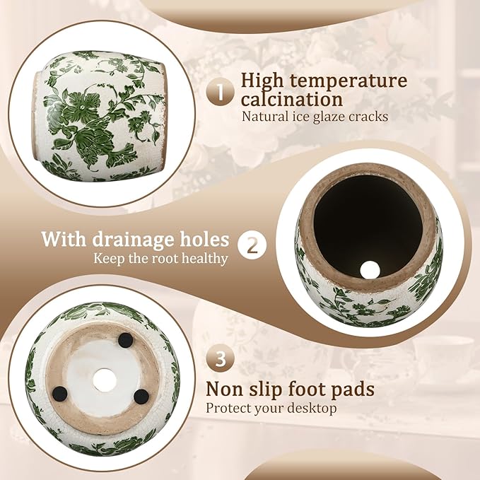 Vintage Ceramic Flower Pot with Ice Crackle Rustic Planter with Drainage Holes for Indoor and Outdoor Decor Home Living Room Garden Decor Gardening Gift(Vintage Green Style)