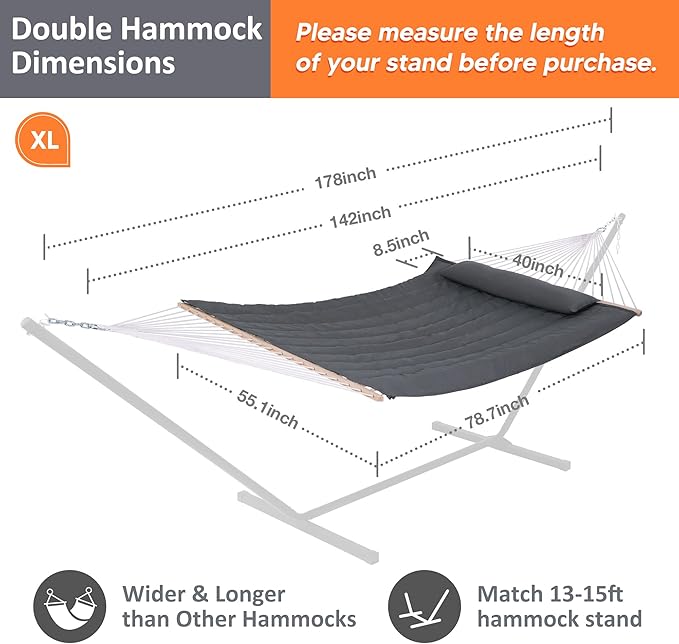 SUNCREAT Hammocks 2 Person Hammock with Hardwood Spreader Bar, Double Rope Hammock with Polyester Pad, Dark Gray