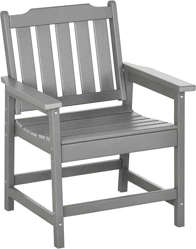 Outsunny All-Weather Patio Chair, HDPE Patio Dining Chair, Heavy Duty Wood-Like Outdoor Furniture for Garden, Backyard, Deck, Porch, Lawn, Gray