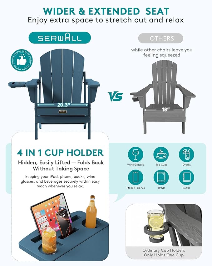 SERWALL Foldable Adirondack Chair Set of 2, Adirondack Chairs with 4 in 1 Cup Holder, Weather Resistant Plastic Chair for Patio Garden Outdoors Fire Pit-Blue
