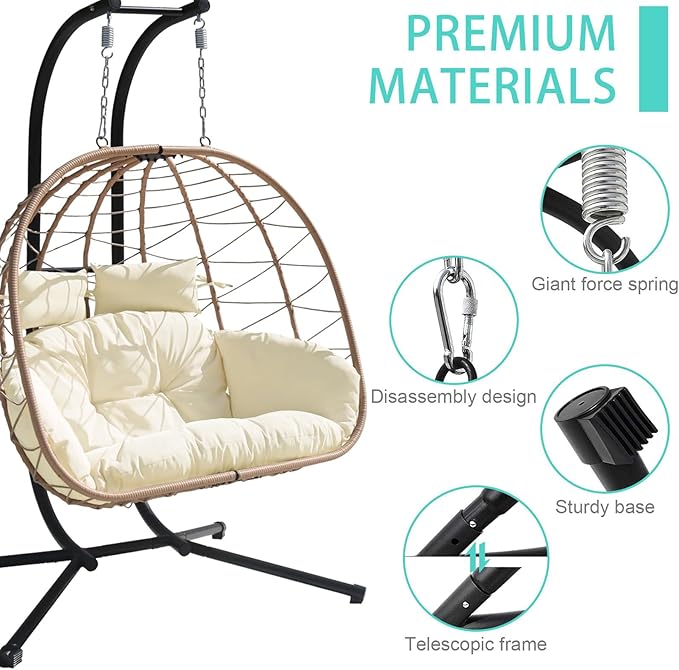Hanging Egg Chair with Stand Indoor Swinging Chair Outdoor Hammock Egg Chair for Patio, Bedroom, Garden and Balcony (Milky White, Large)