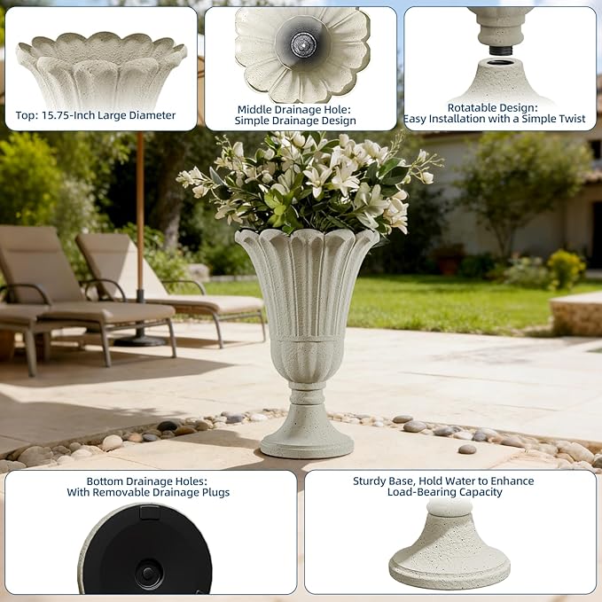 Tall Plastic Urn Planters for Outdoor Plants Set of 2-23.6" H Classic Petal Design Indoor Large Flower Pots with Drainage Holes, Outdoor Planters for Porch Decor/Garden Vase, Beige/Off White