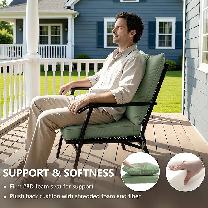 24x24 Inch Outdoor Chair Cushion with Removable Cover, Patio Furniture Cushion - Water-Repellent, Fade-Resistant, Non-Slip Bottom & Straps, Replacement for Deep Seat Sofa & Couch - Sage Green