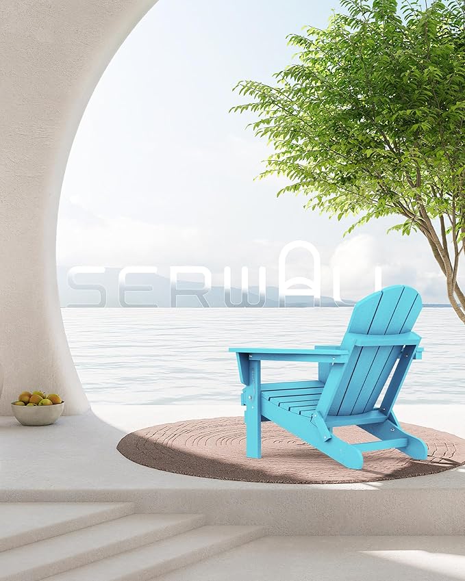 SERWALL Folding Adirondack Chair with Cup Holder Weather Resistant Patio Chair Outdoor Chairs Painted Adirondack Chairs Set of 2 - Aruba Blue