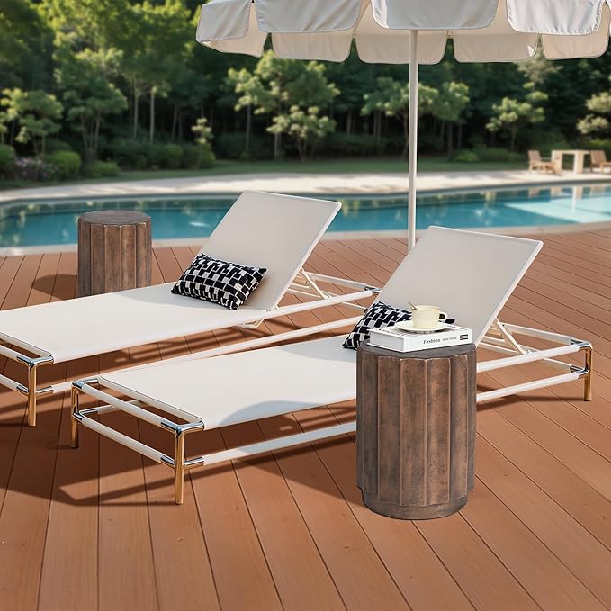 LuxenHome Weathered Copper Cement Fluted Round Indoor Outdoor Side and End Table, Set of 2