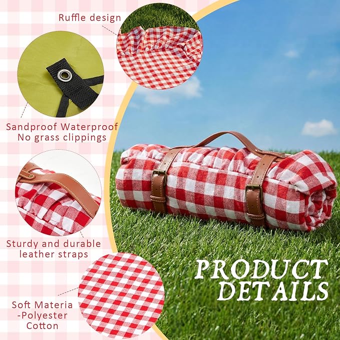 2-in-1 Extra Large Waterproof Picnic Blanket, 71x90in Dual Layers Portable Red Gingham Ruffled Mat Giant Beach Towel Yoga Leather Accessories Outdoor Camping Hiking Music Festival Pad