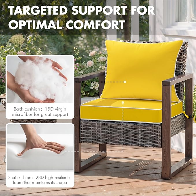 MIULEE Yellow Outdoor Seat Cushion 24x24 Inch Waterproof & 3 Year Fade Resistant Deep Seat and Back Cushion for Patio Furniture Chair Sofa Couch with Handle and Adjustable Straps
