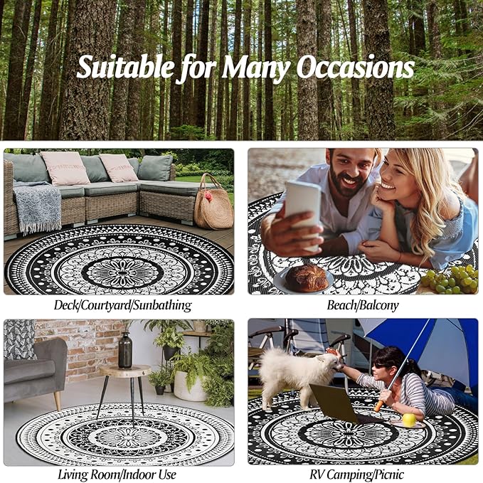 Cekene Round Outdoor Rugs for Patio 8Ft Waterproof Reversible Outdoor Patio Rugs Black Lightweight Plastic Straw Rugs Portable RV Camping Mat Floor Carpet for Deck Porch Picnic BBQ