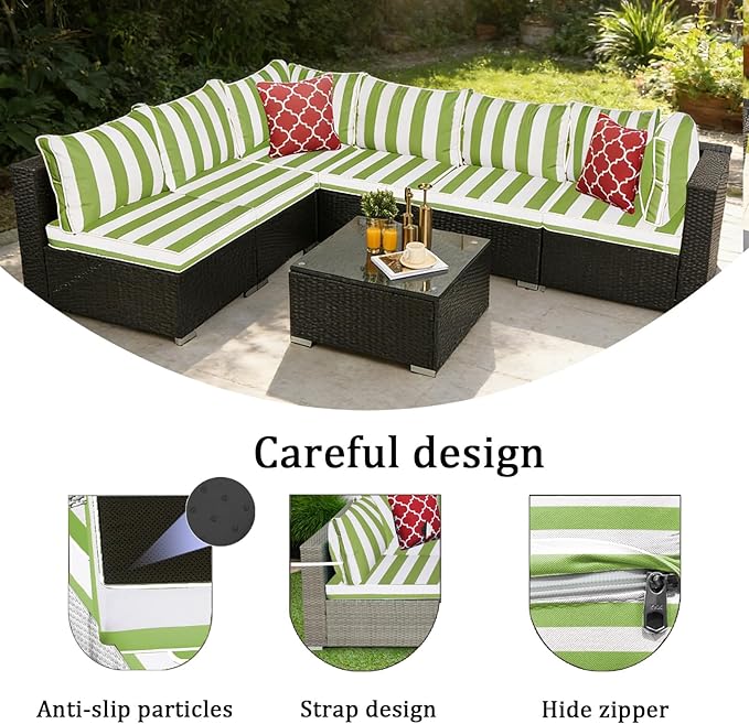 14 Pieces Outdoor Sectional Replacement Cushions for Patio Furniture, 4in Thick Outdoor Sofa Cushions for 6 Seat, Waterproof Deep Seat Couch Patio Cushions Set (Light Green and White)