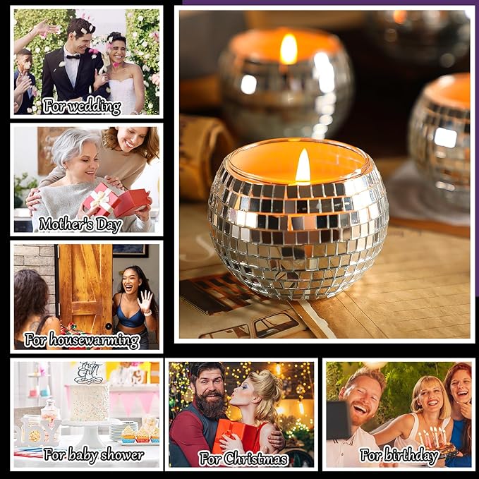 Maxcheck 24 Pcs Disco Ball Candle Holders Bulk Wedding Decoration Disco Ball Centerpieces Includes 12 Votive Mosaic Glass Tea Light Holders and 12 Tea Light Candles for Activity Party