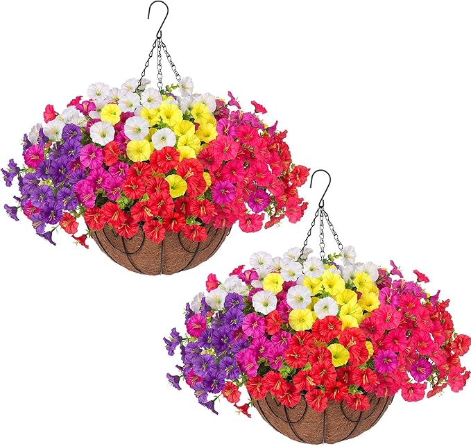 2 Set Artificial Hanging Flowers Fake Plants Baskets for Outdoors Spring Decor , 24 Pcs UV Resistant Faux Morning Glory with 2 Hanging Planters Realistic Silk Flowers for Outside Porch Patio Outdoor