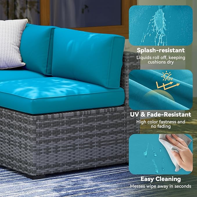 Aoxun Replacement Cushions for Outdoor Furniture, 14-Piece Outdoor Cushions for Patio Furniture, Deep Seat, Splash-Proof & Fade Resistant Couch Cushion for 6-Seat Patio Conversation Sets, Sky Blue
