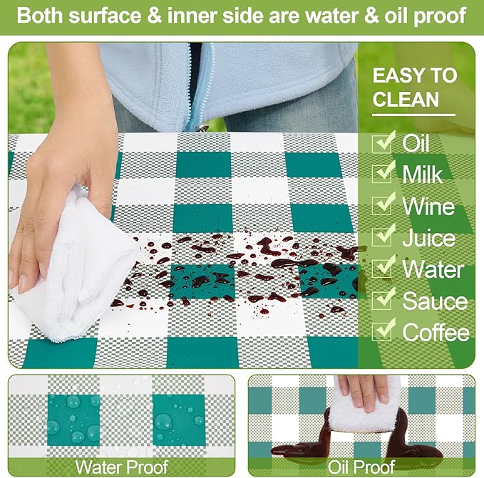 Picnic Table Cover with Bench Covers Camping Essentials Waterproof Windproof Camping Tablecloth with Drawstring Bag, Fitted Rectangle Tables and Seats, 60in, White Green Checkered