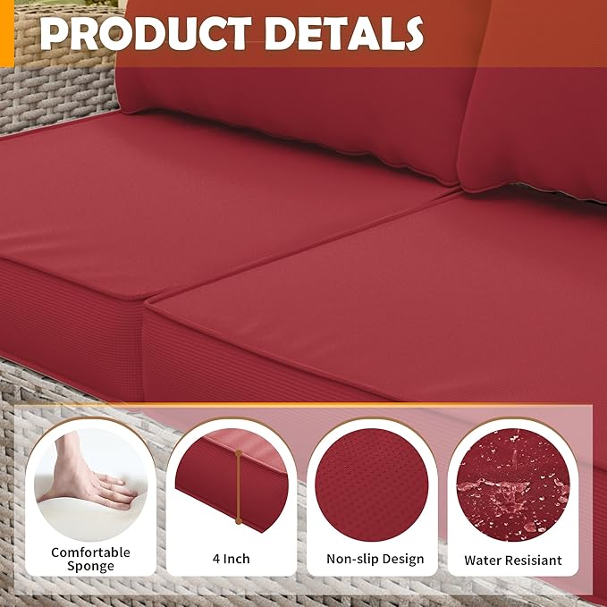 Amopatio Outdoor Cushions for Patio Furniture, Outdoor Chair Cushions Fits 8-seat Sectional Conversation Sets, Patio Replacement Seat Cushion for Patio Chairs (Burgundy)