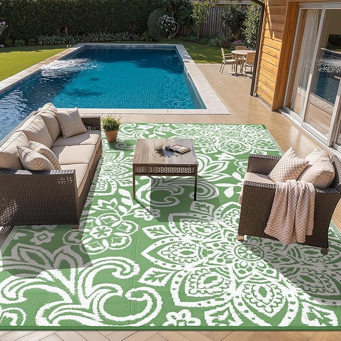 Findosom Waterproof Outdoor Rug 8' x 10' - Reversible Mandala Outdoor Plastic Straw Rug, Durable Foldable Patio Rug for RV, Deck, Balcony, Backyard, Picnic, Porch, Camping, Beach, Green