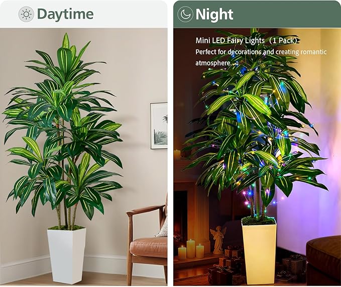 Artificial Dracaena Plant 6FT - Fake Tree with Tall Planter and Fairy Lights, Artificial Trees Faux Yucca Plants Indoor, Fake Plants for Home Office Living Room Decor