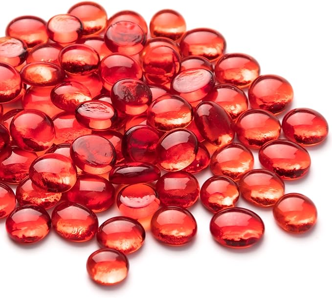 50PCS Mini Glass Gems,Red Mancala Stones Flat Bottom Marble Beads for Home Decorative Art Craft Vase Filler(0.5"~0.7")