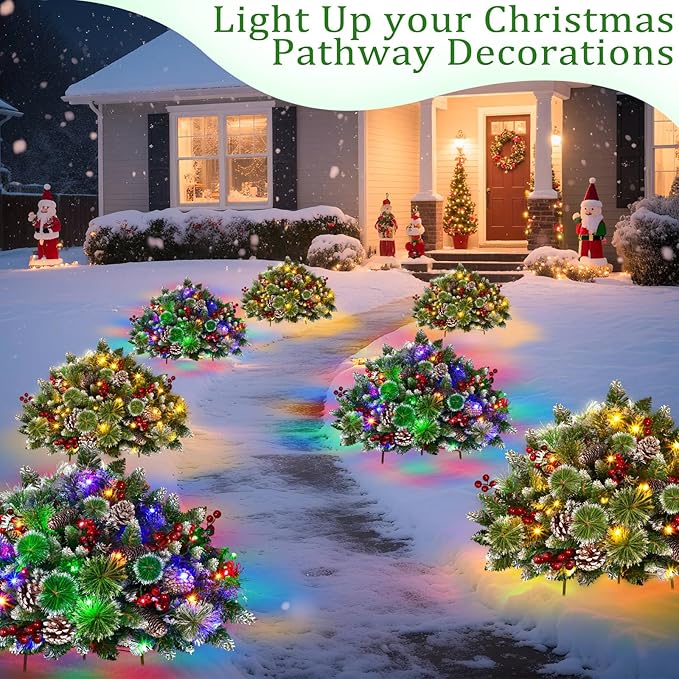 Timer - 2 Pack 24" Lighted Outdoor Christmas Tree Urn Fillers,Warm White&Colorful Lights 8 Mode Snowy Pinecone Red Berry Battery Operated Tripod Stake Holiday Planters Outdoor Christmas Decorations