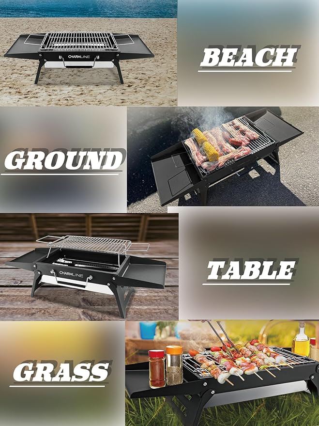 Charmline 14x9inch Foldable Portable Grill Charcoal, Compact Portable Grill for Outdoor Use, Desktop Charcoal Grill, BBQ Grills for Camping, Picnics, Gardens and Beach Parties, Black