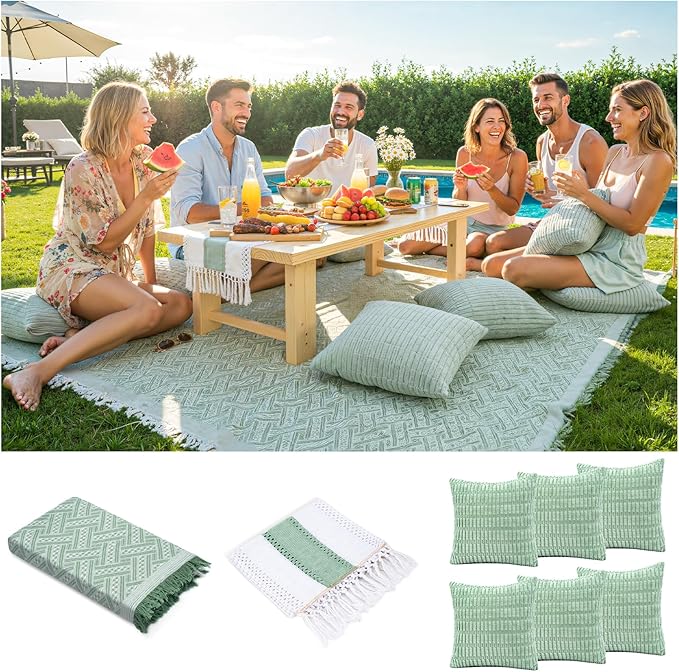 Extra Large Outdoor Boho Picnic Blanket with Table Runner and 6 Throw Pillows Covers for Outdoor Essentials Beach Accessories Basket Set Oversized Manta Yard Outside Mat Wedding Party Decor Sage Green