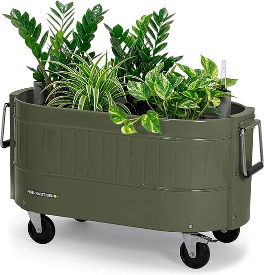Permasteel Self-Watering Garden Bed, Rolling Planter for Vegetables, Flowers, Herbs, and Fruit, Outdoor Indoor, Caster Wheels, Army Green