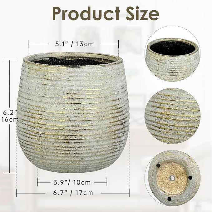 DILATATA Ceramic Pots with Drainage Hole 6.7 Inch Flower Plant Pot Indoor Round Planter Pot for Succulents, Cacti, Cactus, Snake Plants Home Decor - Gold