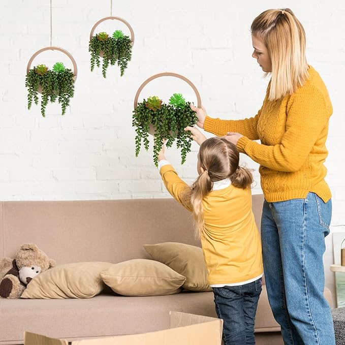 Honeydak 3 Pack Artificial Succulents Hanging Plants Fake Plants Set Wall String of Pearls Succulent Planter in Pot with Lanyard for Balcony Living Room Home Indoor Outdoor Wall Decor(Wood Color)