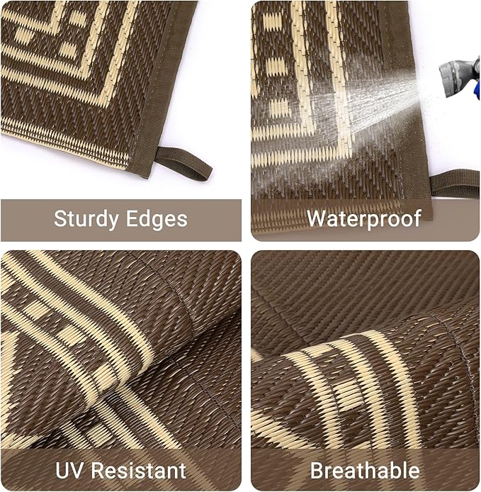 Garvee Outdoor Rug 10x14 for Patios Clearance,Waterproof Mat,Large Outside Carpet,Reversible Plastic Straw Camping Rugs,Porch,Deck,Balcony,Backyard,Brown/Coffee