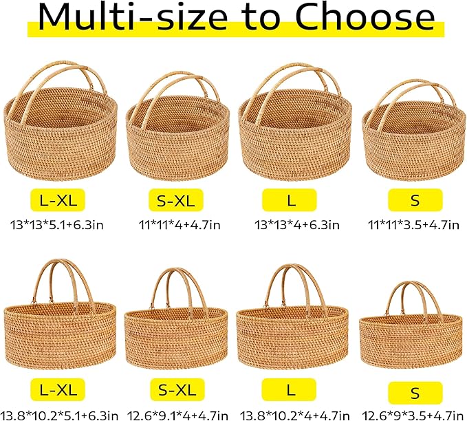 Rattan Picnic Basket with Handles, Round Wicker Gift Basket for Wedding, Camping(11"×11"×4")