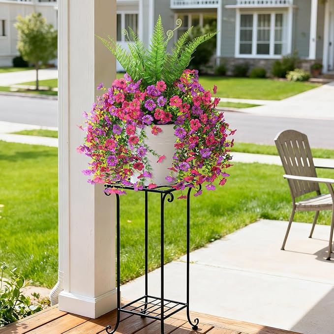 Artificial Fake Hanging Flowers for Outdoors, Silk Daisy with Articial Boston Ferns Plants Set, Realistic Spring Fake Outdoor Flowers UV Resistant Porch Patio Yard Decor
