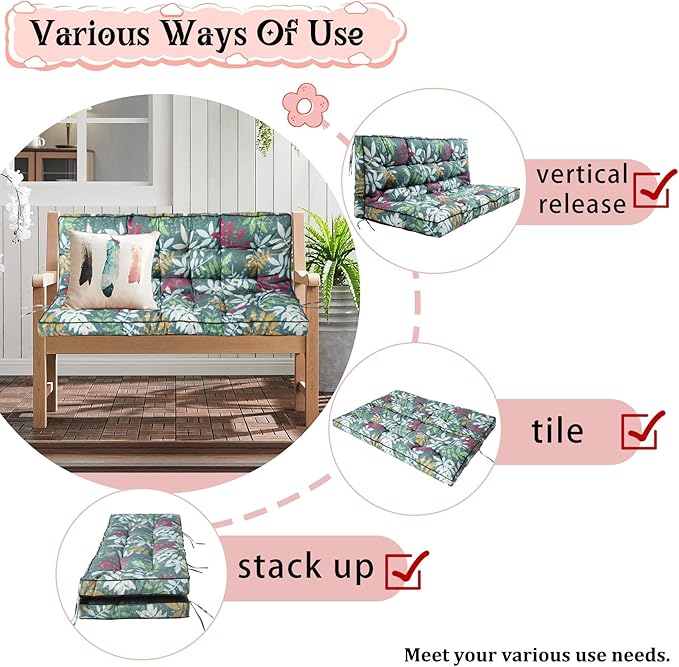 2-3 Seat Swing Replacement Cushion, Outdoor Bench Cushions with Backrest Thicken 4", Patio Furniture Garden Porch Loveseat Glider Pad Anti-Fading Waterproof (Green Flower, 40x63in-thicken)