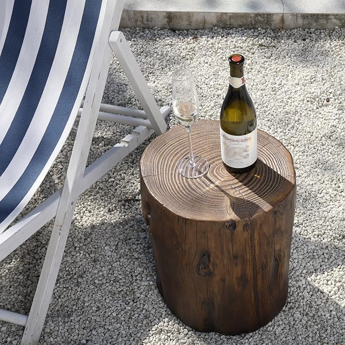 COSIEST 2 Pieses Outdoor Side Table, Hand-Painted Wood Stump Side Table Set of 2, Faux Wood Stool, Ottomans, Plant Stand, Deck or Garden (Black Walnut)
