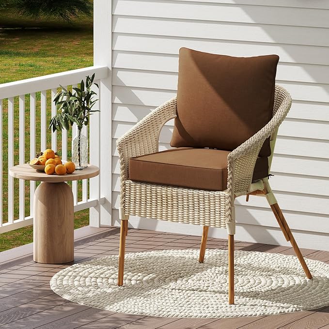 Giantex Patio Cushion Set, Outdoor Chair Seat Pads w/Non-Slip Rope Belts, Detachable Patio Furniture Cushions, Thick Seat Cushion & Back Cushion for Living Room Floor Sofa Patio Garden Chair (Brown)