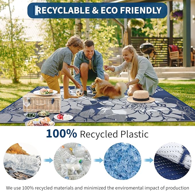 COZYLOOM Outdoor Rug 8x10 Patio Rugs Waterproof Plastic Straw Rug Reversible UV Resistant Camping Mat, Foldable Lightweight RV Picnic Mat with Portable Bag, Modern Floral Outdoor Carpet for Yard, Navy