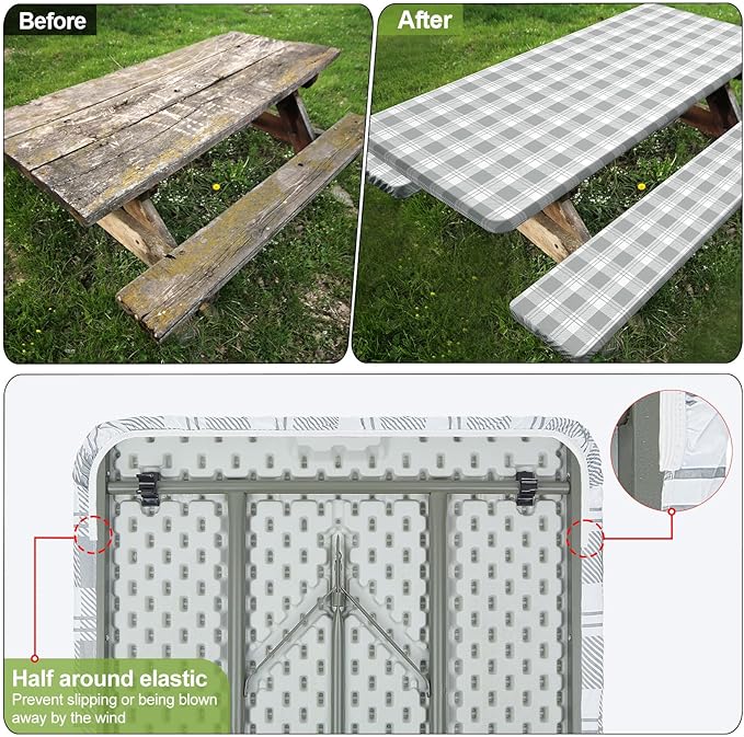 Picnic Table Cover with Bench Covers Camping Essentials Waterproof Windproof Camping Tablecloth with Drawstring Bag, Fitted Rectangle Tables and Seats, 96in, Grey Checkered