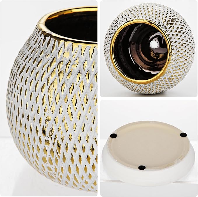 Ceramic Plant Pots for Plants Indoor 6.1 Inch Round Gold and White Flower Pot Gilded Decorative Planter with Drainage Hole and Saucer Modern Ceramic Pot for Succulents Orchids Cactus Herbs Home Decor