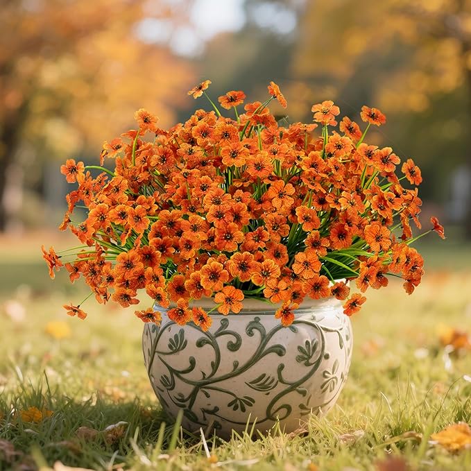 Artificial Mums Fall Fake Flowers for Outdoors, 12 Bundles Faux Mums for Outdoor Planters Autumn Decorations,UV Resistant Silk Flowers for Front Porch Garden Patio Home Decor(Orange)