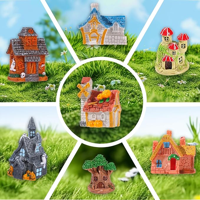 8 Piece Miniature Fairy Garden House,Mini Cottage House,Fairy Accessories for DIY Micro Landscapes, Miniature Figurines for Plant Pots, Mini Outdoor Decor, Terrarium & Home Display