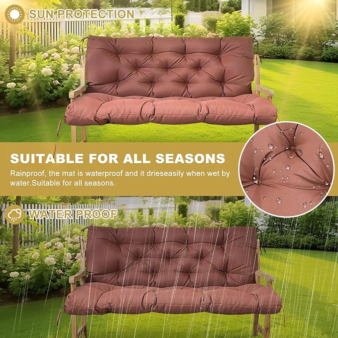 60" Porch Swing Cushion with Backrest, Waterproof Outdoor Bench Swing Cushions 3 Seater Replacement Thickened Swing Cushions with Ties for Patio Garden Backyard,Coffee,60x40in