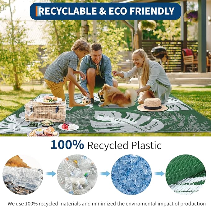 COZYLOOM Outdoor Rug 8x10 Patio Waterproof Plastic Straw Rug Reversible UV Resistant Camping Mat, Foldable Lightweight RV Picnic Mat with Portable Bag, Modern Outdoor Carpet for Yard, Green