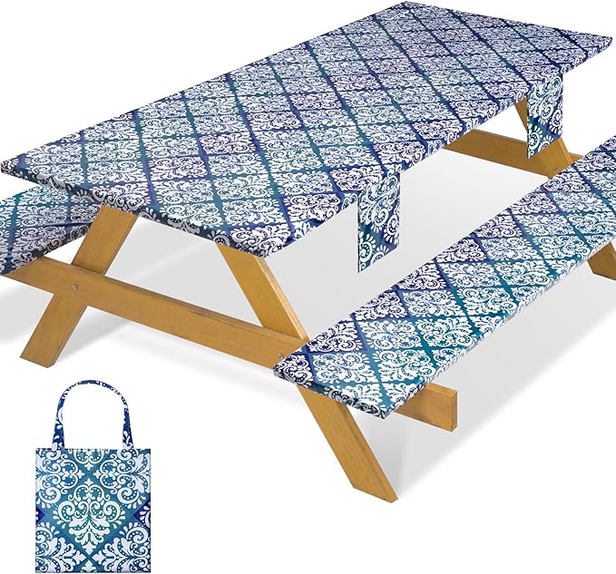 Fitted Waterproof Picnic Table Cover with Bench Covers Elastic Reusable Camping Table Cloths for 6Ft Rectangle Tables Summer Camp Motorhome Party Gear Outdoors Car Travel Trailer Gadgets Gift